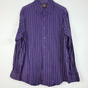 Tasso Elba Classic Button-Down Shirt 100% Cotton Purple Stripe